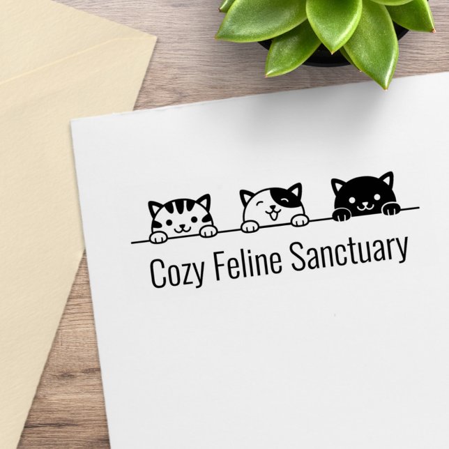 3 Cartoon Cats Peeking above Custom Text Rubber Stamp (Creator Uploaded)