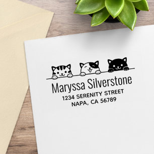 3 Cartoon Cats Peeking above Return Address Rubber Stamp
