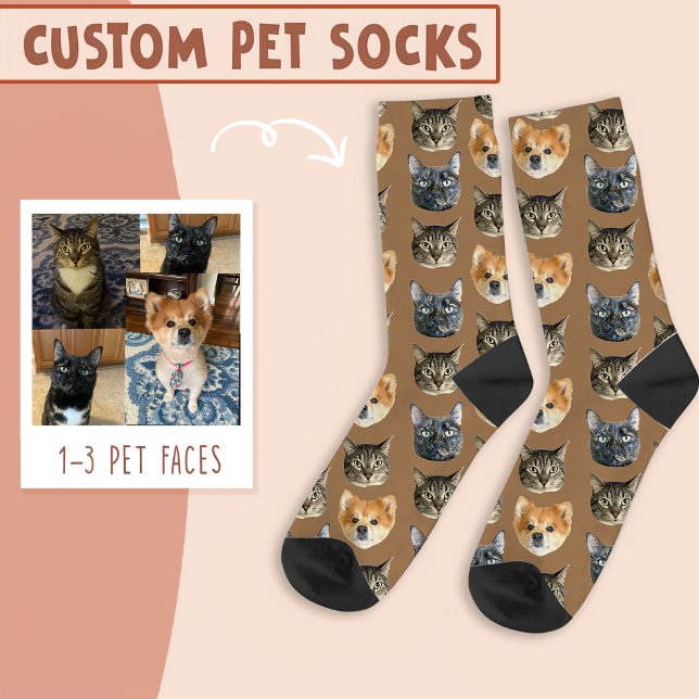 3 Cat And Dog Face Personalized on Brown Socks (Creator Uploaded)