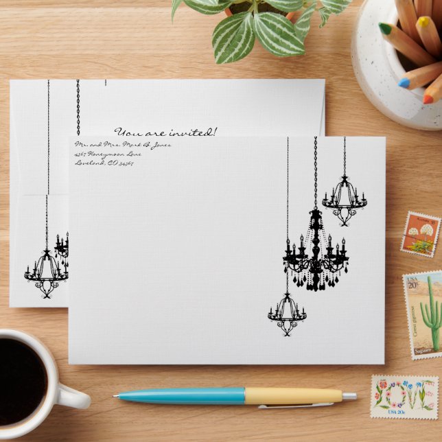 3 Chandelier Damask Wedding Envelopes (Desk)