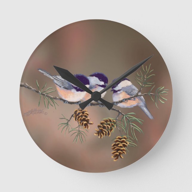 3 CHICKADEES & PINE CONES by SHARON SHARPE Round Clock (Front)