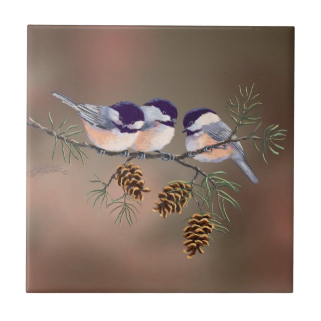 3 CHICKADEES & PINE CONES by SHARON SHARPE Tile (Front)