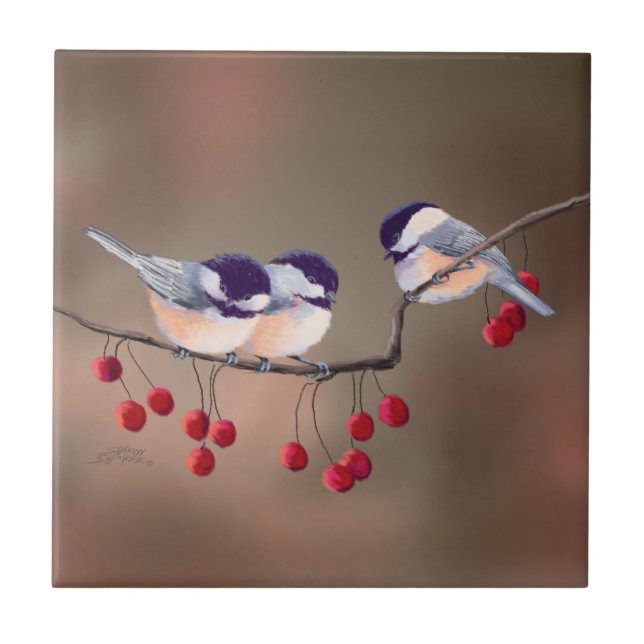 3 CHICKADEES & RED BERRIES by SHARON SHARPE Tile (Front)