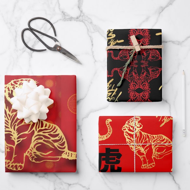 3 Chinese TIger paper-cut Year WPFS Wrapping Paper Sheet (Front)