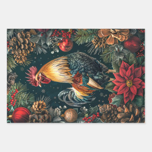 3 Christmas Roosters Decoupage  Wrapping Paper Sheet