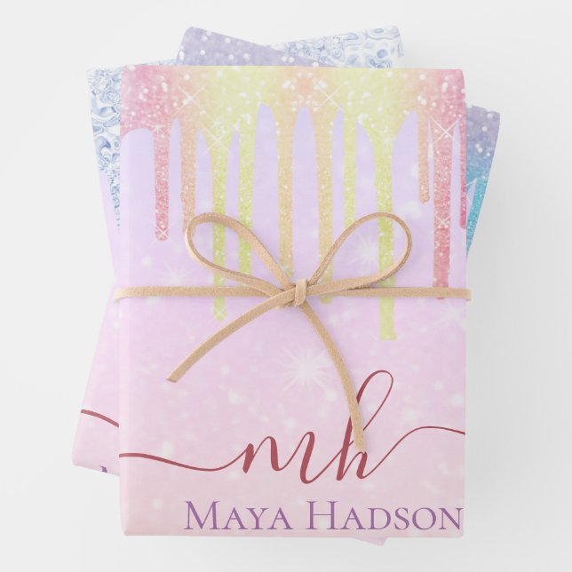 3 Colour Chic Colourful Girly Glitter Drips Wrapping Paper Sheet (In situ)