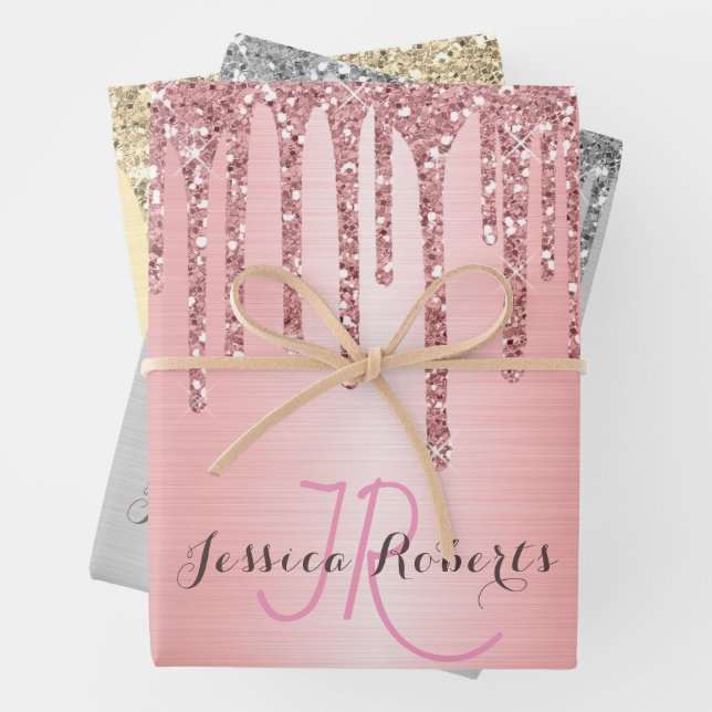 3 Colour Chic Monogram Girly Glitter Drips Wrapping Paper Sheet (In situ)