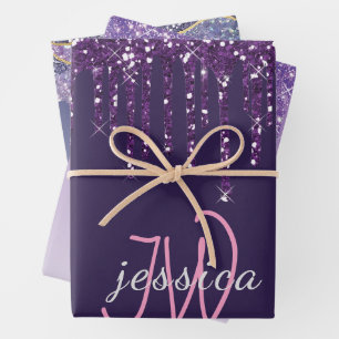 3 Colour Chic Monogram Girly  Purple Glitter Drips Wrapping Paper Sheet