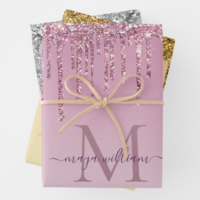 3 Colour Glitter Drips Personalized Monogram Name  Wrapping Paper Sheet (In situ)