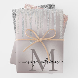 3 Colour Glitter Drips Personalized Monogram Name  Wrapping Paper Sheet