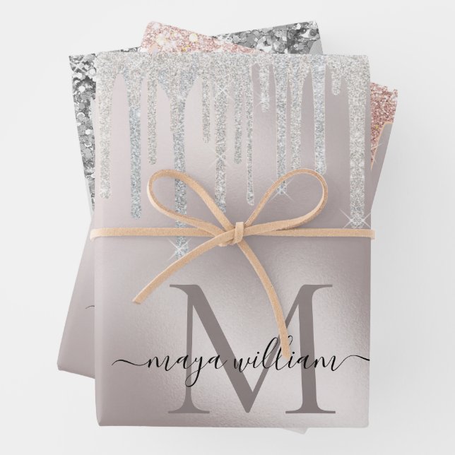 3 Colour Glitter Drips Personalized Monogram Name  Wrapping Paper Sheet (In situ)