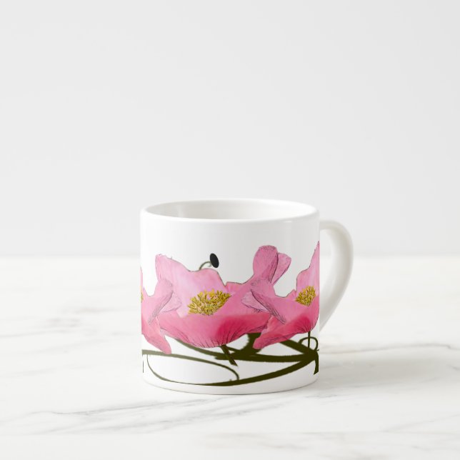 3 Colourful Flowering Pink Poppies In A Row Espresso Cup (Front Right)