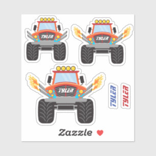 3 Cool Red Monster Trucks, Flames, DIY Names
