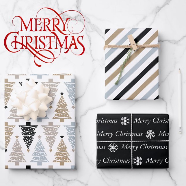 3 Coordinating Black White Christmas Trees Stripes Wrapping Paper Sheet (Creator Uploaded)