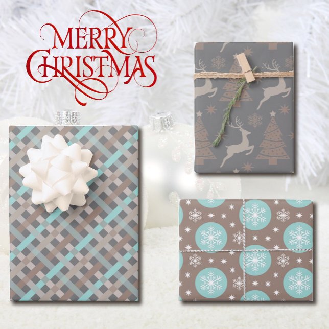 3 Coordinating Christmas Taupe Grey Turquoise Wrapping Paper Sheet (Creator Uploaded)
