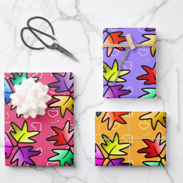 3 couleurs Kids envelopper papier - feuilles d'arr (Recto)