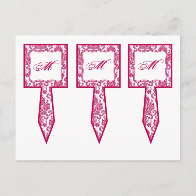 3 Cup Cake Picks Fusia White Damask Lace Print Pat Postcard (Front)