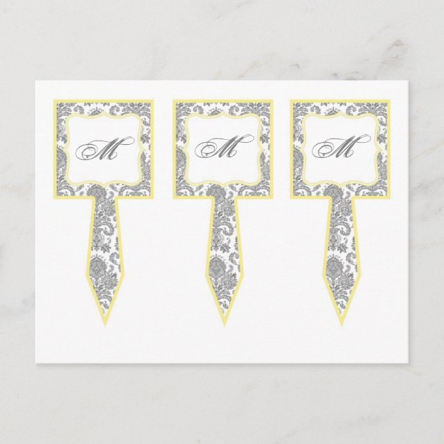 3 Cup Cake Picks Grey Yellow Gre Damask Lace Print Postcard (Front)