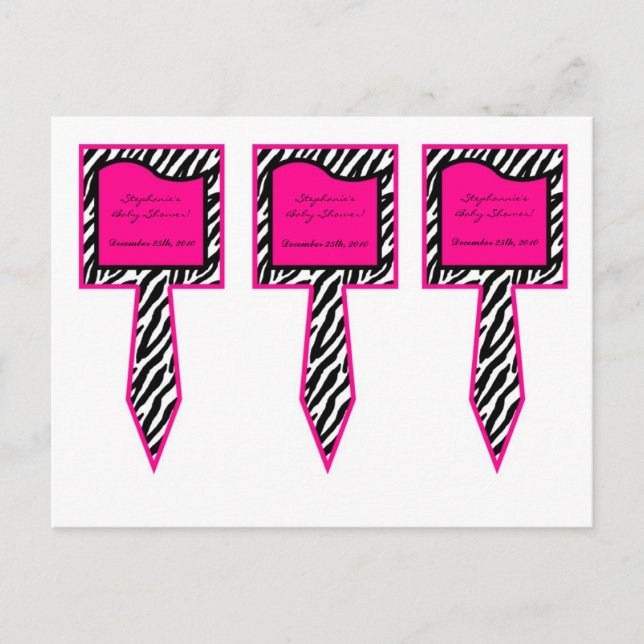 3 Cup Cake Picks Hot Pink Zebra Print Invitation Postcard (Front)