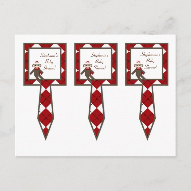 3 Cup Cake Picks Red Sock Monkey Argyle Invitation Postcard (Front)