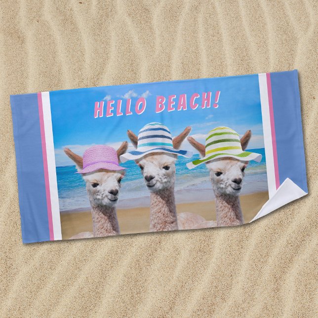 3 Cute Alpacas In Sun Hats Personalize Beach Towel (Creator Uploaded)