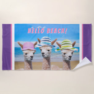 3 Cute Alpacas In Sun Hats, Personalize, Purple Beach Towel