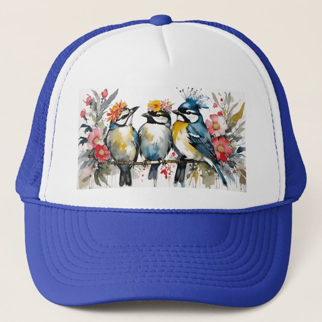 3 Cute Birds Chatting on a Branch in Flower Crowns Trucker Hat (Front)