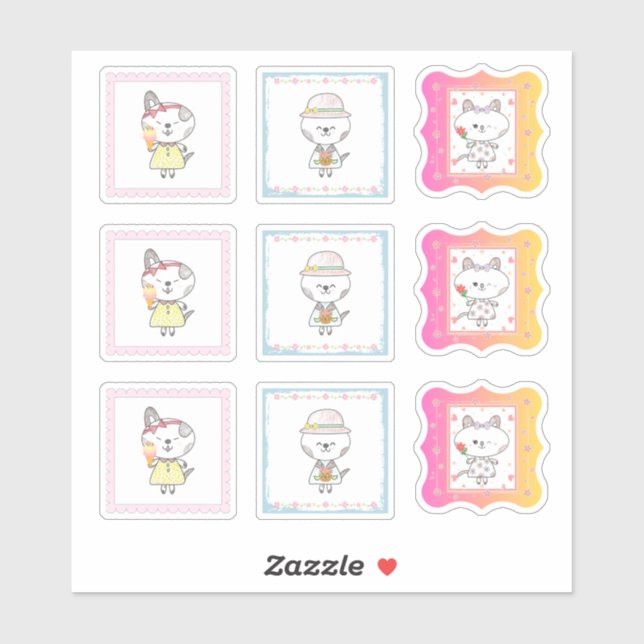 3 cute cats - hand-coloured pastel sticker sheet (Sheet)