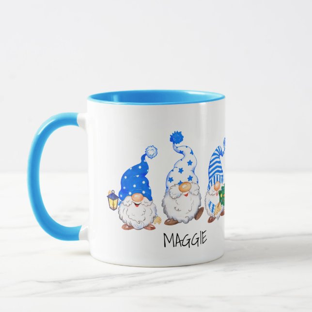 3 Cute Christmas Gnome Custom Name 2 Tone Mug (Left)
