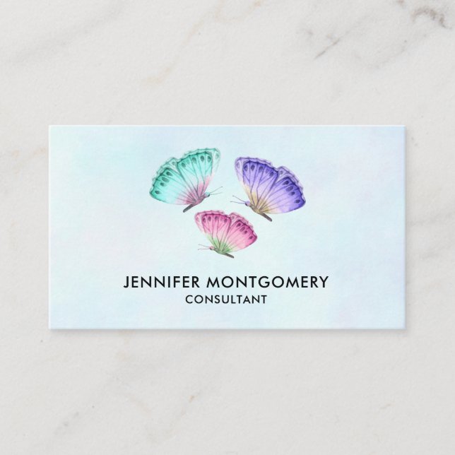 3 Cute Colourful Pastel Watercolor Butterflies Business Card (Front)