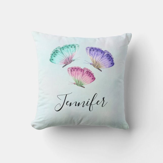3 Cute Colourful Pastel Watercolor Butterflies Throw Pillow (Front)