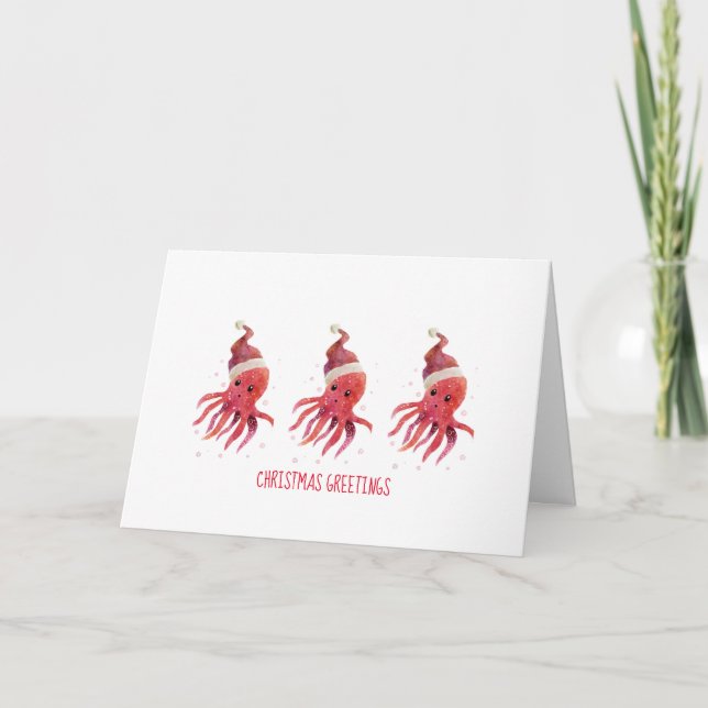 3 Cute Octopus Seas and Greetings Santa Hat Holiday Card (Front)