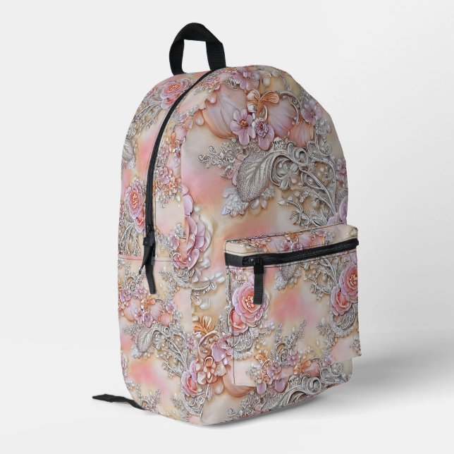 3-D bedazzled silver and pink roses Pattern Printed Backpack (Back Corner Left)