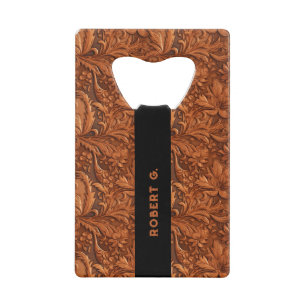 3-D brown tooled floral leather pattern Credit Card Bottle Opener