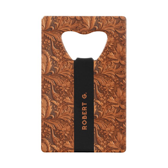 3-D brown tooled floral leather pattern Credit Card Bottle Opener (Front)