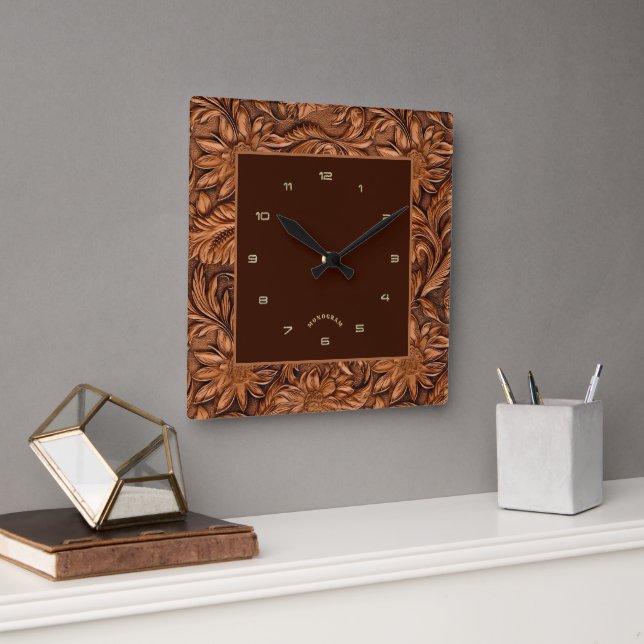 3-D Brown tooled leather floral pattern Square Wall Clock (Office)
