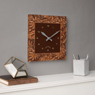 3-D Brown tooled leather floral pattern Square Wall Clock