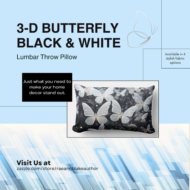 3-D Butterfly Black & White Lumbar Throw Pillow (Creator Uploaded)