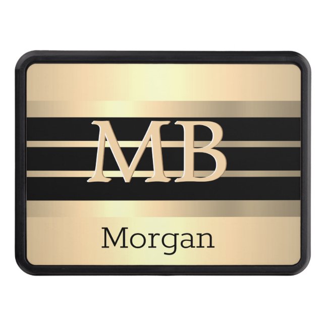 3-D Gold Monogram, Black Name, Black/Gold Stripes Trailer Hitch Cover (Front)