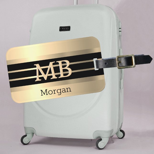 3-D Gold Monogram/Name, Black/Gold Stripes, Gold Luggage Tag (Creator Uploaded)