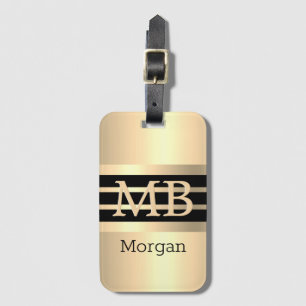 3-D Gold Monogram & Name, Blk/Gold Stripes, Gold Luggage Tag