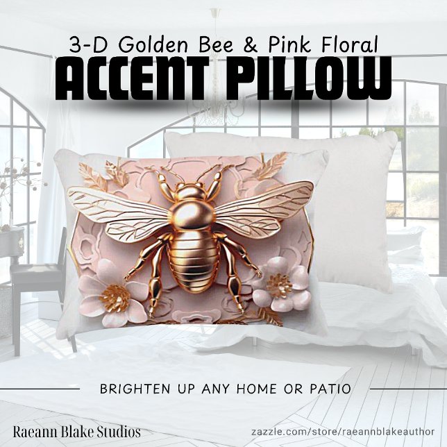 3-D Golden Bee and Pink Floral Accent Pillow (Creator Uploaded)