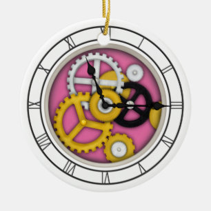 3-D Illusion Clock Art with Visible Workings Pink Ceramic Ornament