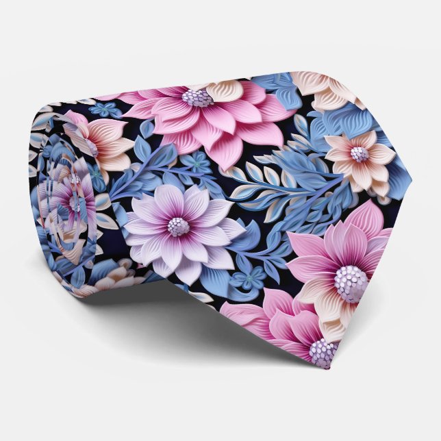 3 D Pink Florals Tie (Rolled)