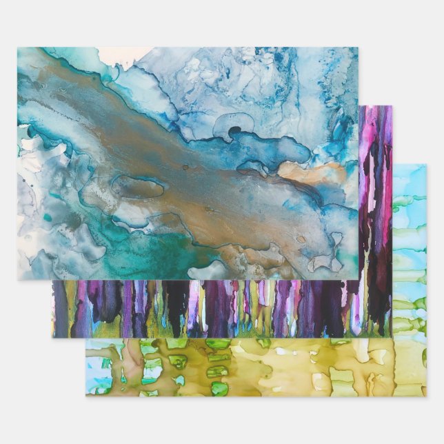 3 Different Alcohol Ink Paintings Wrapping Paper Sheet (Set)