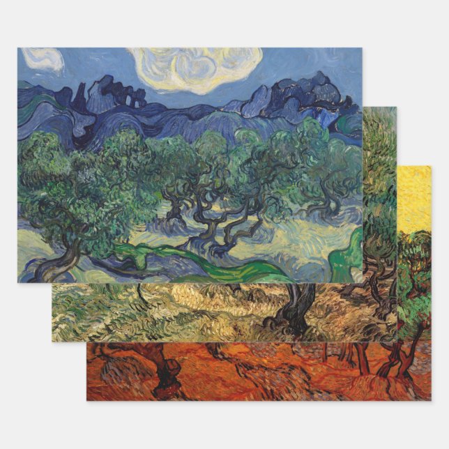 3 different Olive Trees Scenes by Vincent van Gogh Wrapping Paper Sheet (Set)