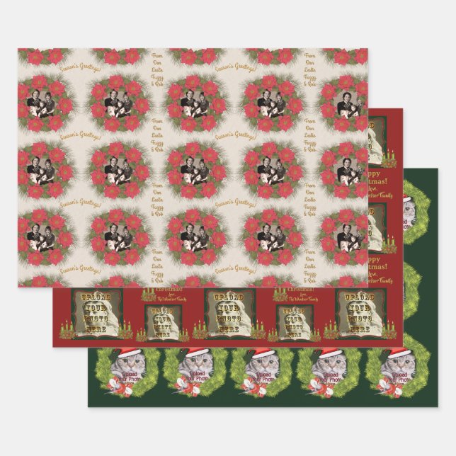 3 Different Personalized Christmas Photo Designs Wrapping Paper Sheet (Set)