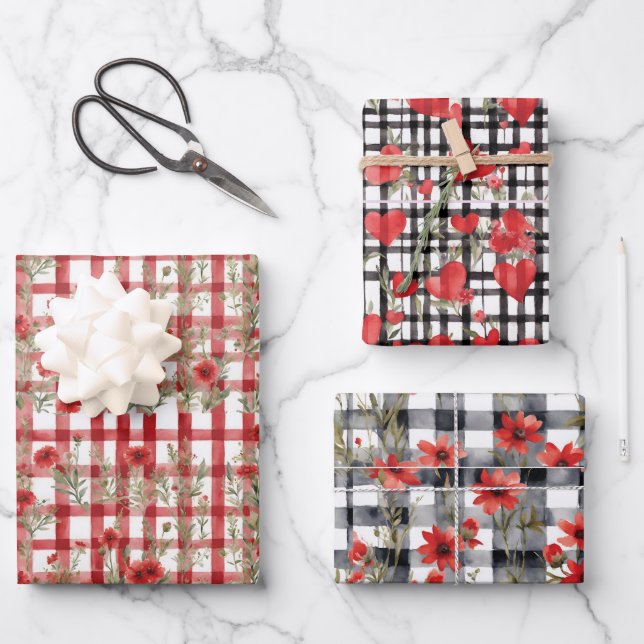 3 Different Pretty Red Floral Hearts Pattern   Wrapping Paper Sheet (Front)