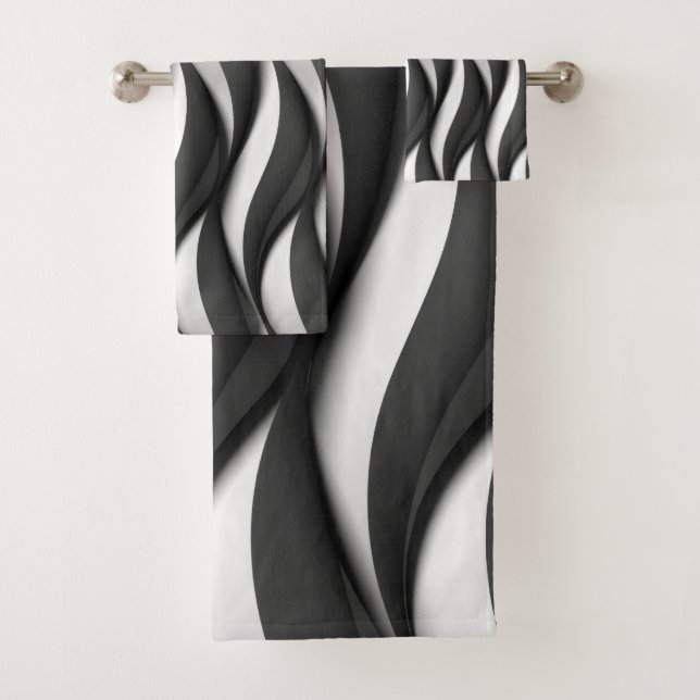 3 Dimensional Wavy Black and White Pattern Bath Towel Set (Insitu)