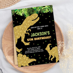3 Dino Green Glitter Dinosaur Birthday Invitations